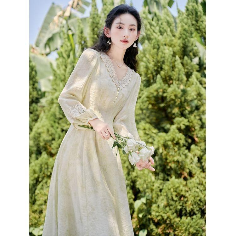 Long-Sleeve V-Neck Tie Dye Lace Panel Midi A-Line Dress Product Image