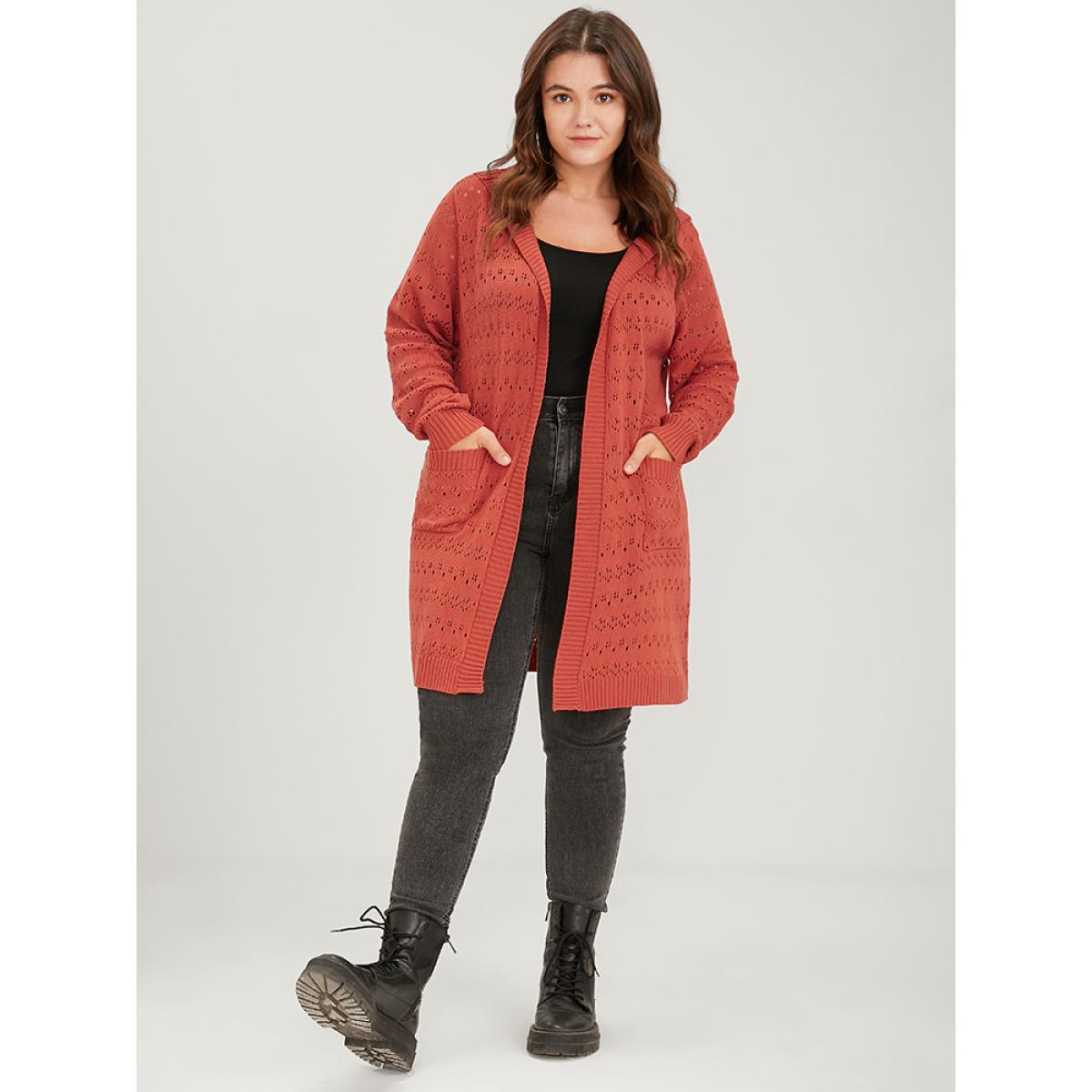 Plus Size Plain Pointelle Knit Pocket Crochet Open Front Hooded Cardigan OrangeRed Women Elegant Loose Long Sleeve Dailywear Cardigans BloomChic 26/4X Product Image