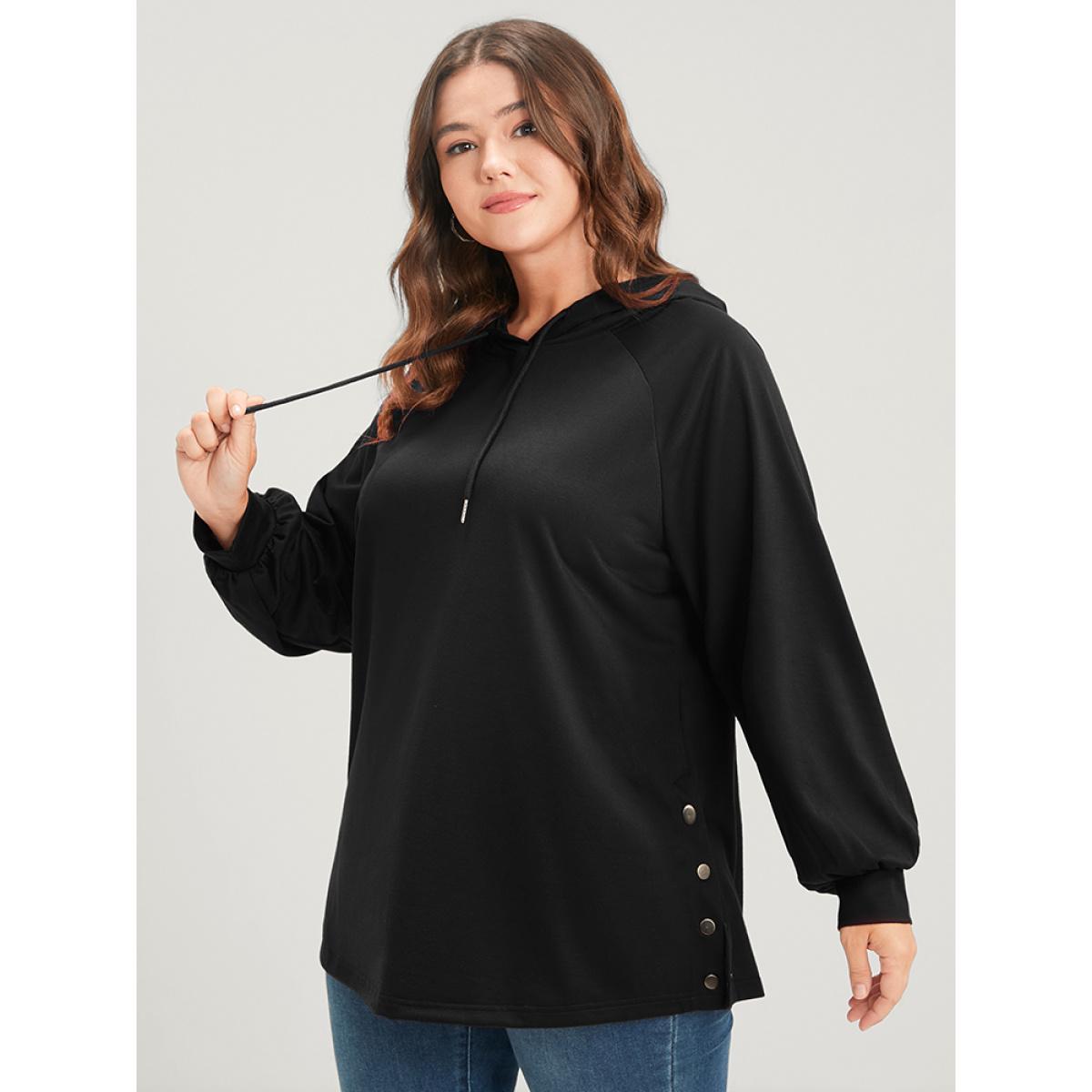 Plus Size Solid Button Side Drop Shoulder Hooded Sweatshirt Women Black Casual Button Hooded Dailywear Sweatshirts BloomChic 10/M Product Image