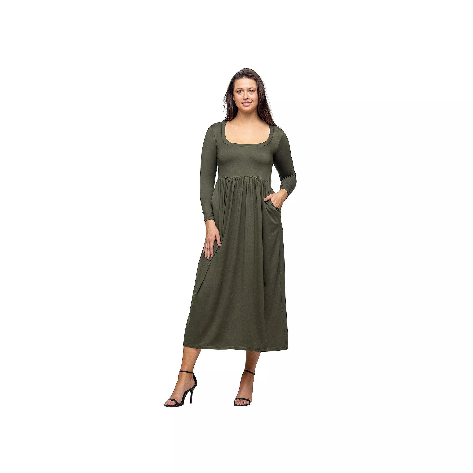 Women's 24Seven Comfort Apparel Long Sleeve Empire Waist Pocket Maxi Dress, Size: Small, Blue Product Image
