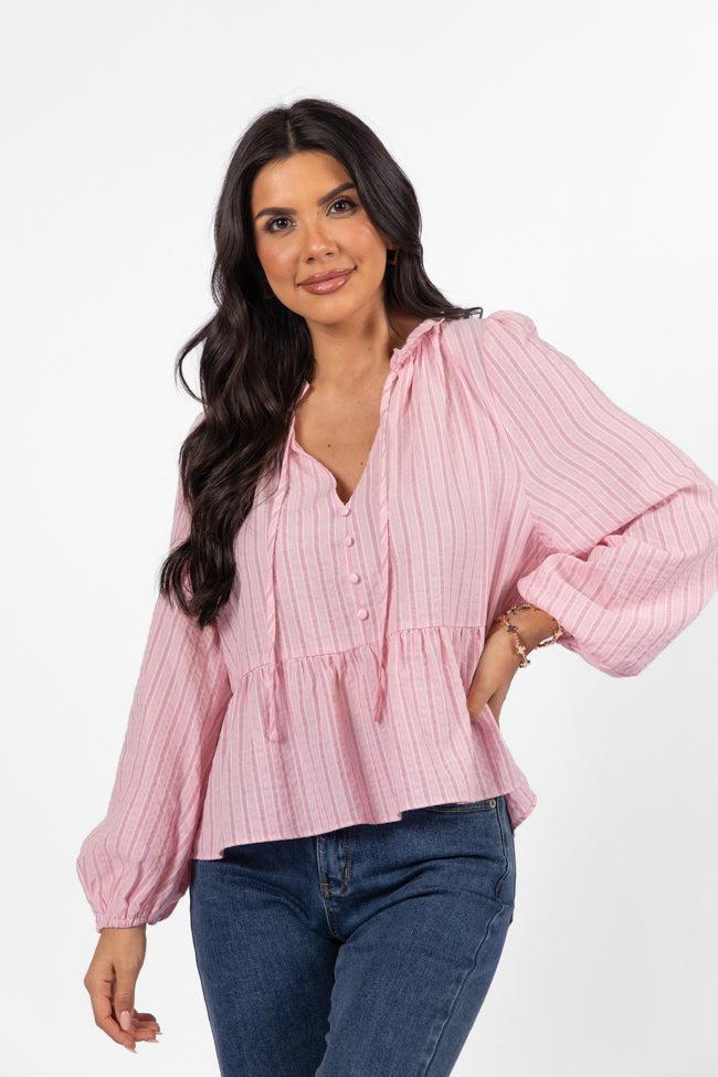 Oh My Darling Pink Stripe Notched Neckline Button Detail Peplum Blouse FINAL SALE Product Image