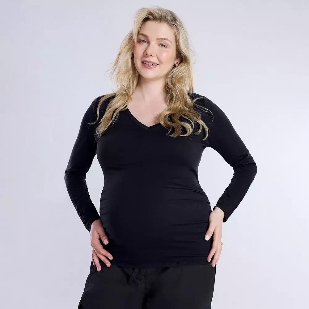 Maternity Motherhood® V-Neck Side Ruched Long Sleeve Tee, Women's, Size: Medium-Mat, White Product Image