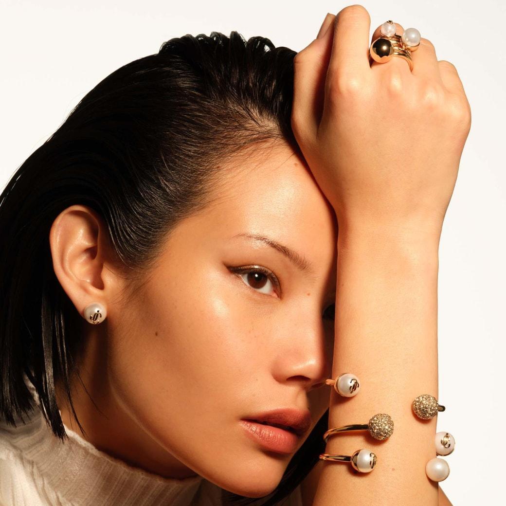 JIMMY CHOO Gold-finish Metal Jc Pearl Stud Earrings Accessories In White Product Image