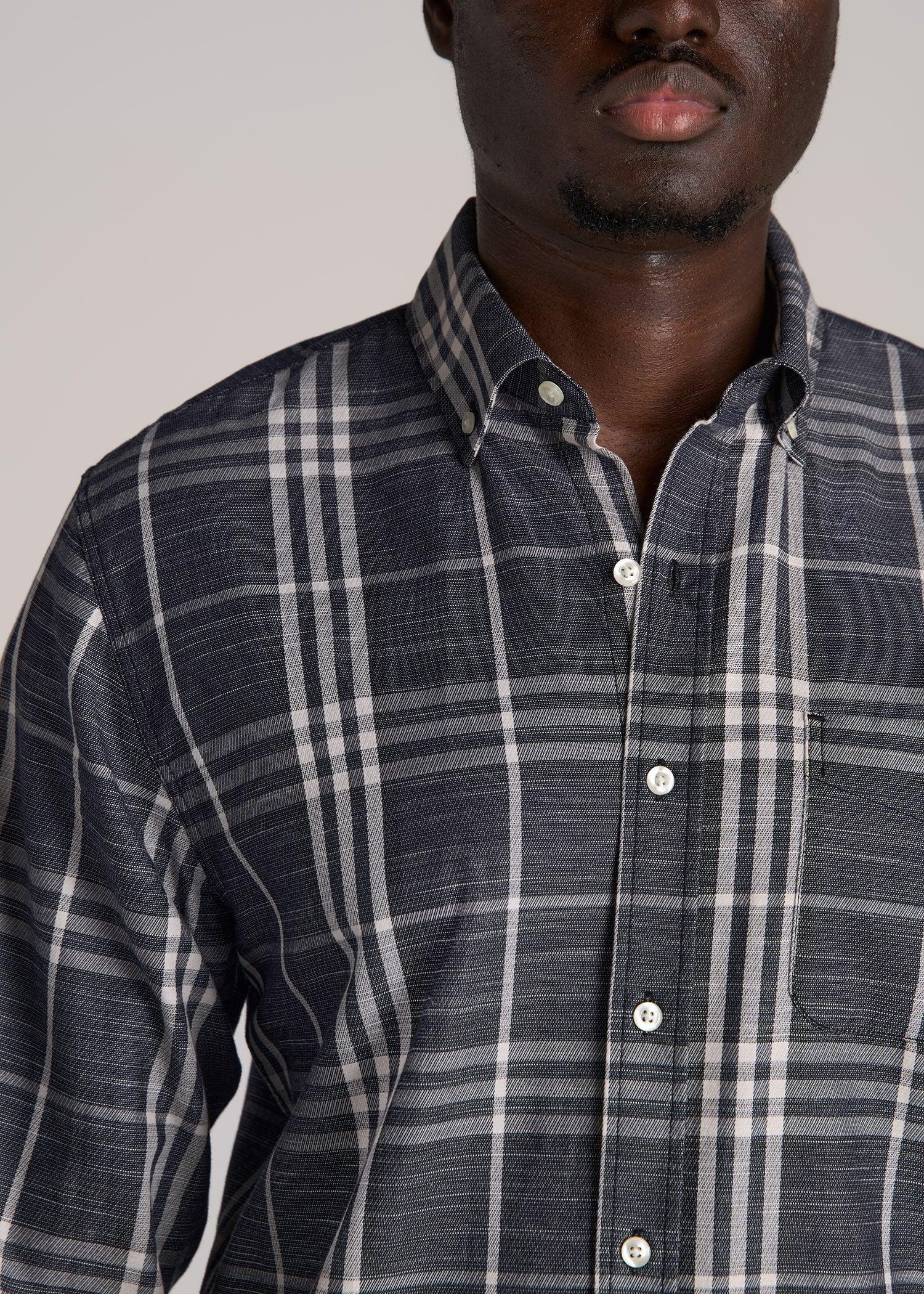 Textured Weave Cotton Button-Up Shirt for Tall Men in Dark Blue Plaid Product Image