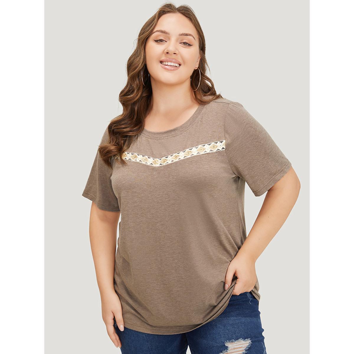 Plus Size Lace Panel Contrast Round Neck T-shirt DarkBrown Women Casual Heather Plain Round Neck Dailywear T-shirts BloomChic 12/L Product Image