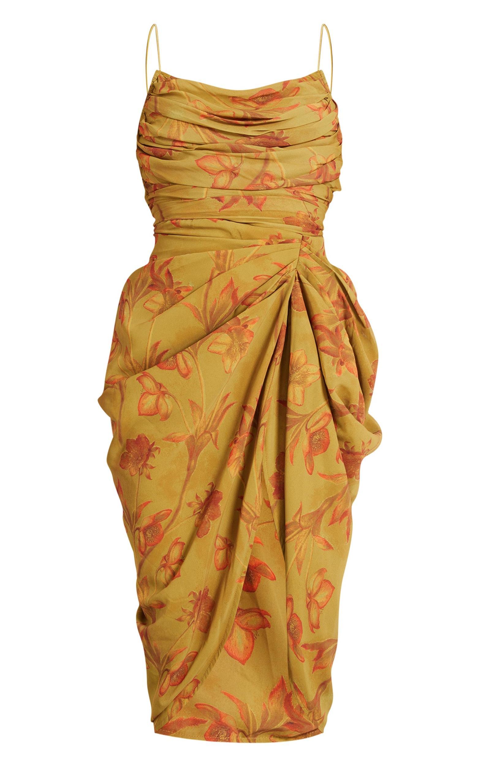 Green Abstract Print Chiffon Ruched Drape Midi Dress Product Image
