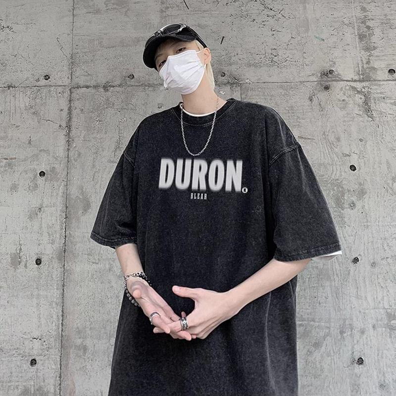 Short-Sleeve Crew Neck Washed Lettering T-Shirt Product Image