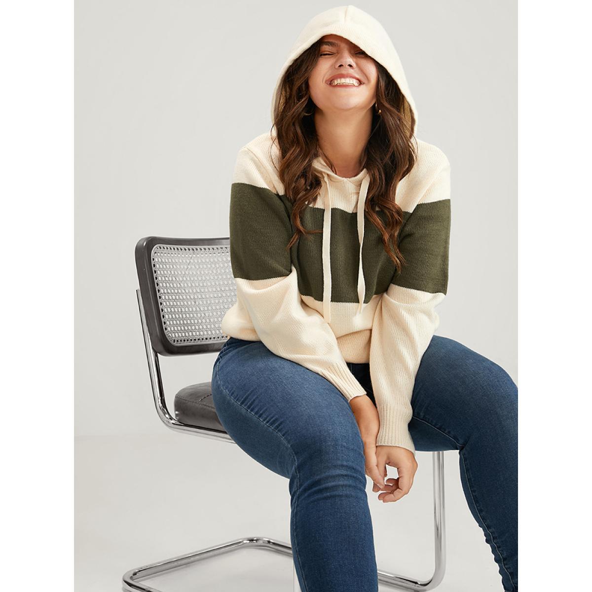 Plus Size Colorblock Contrast Pointelle Knit Drawstring Hooded Knit Top Apricot Women Casual Long Sleeve Hooded Dailywear Pullovers BloomChic 14-16/1X Product Image