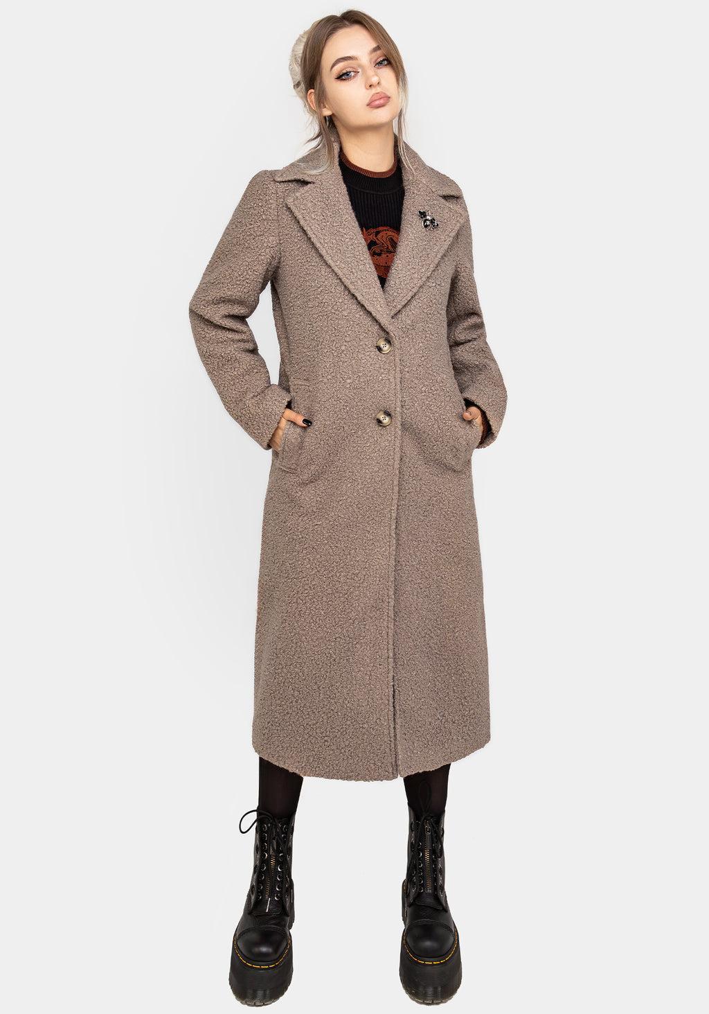 Gorgon Bouclé Longline Oversized Coat with Bee Brooch - Taupe Product Image