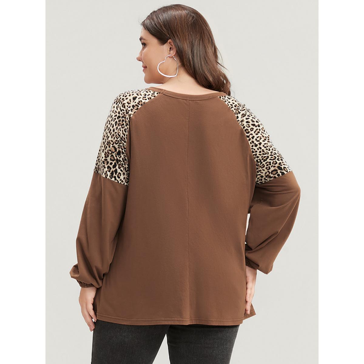 Plus Size Leopard Patchwork Lantern Sleeve Twist Front Sweatshirt Women DarkBrown Elegant Contrast Round Neck Dailywear Sweatshirts BloomChic 28/5X Product Image