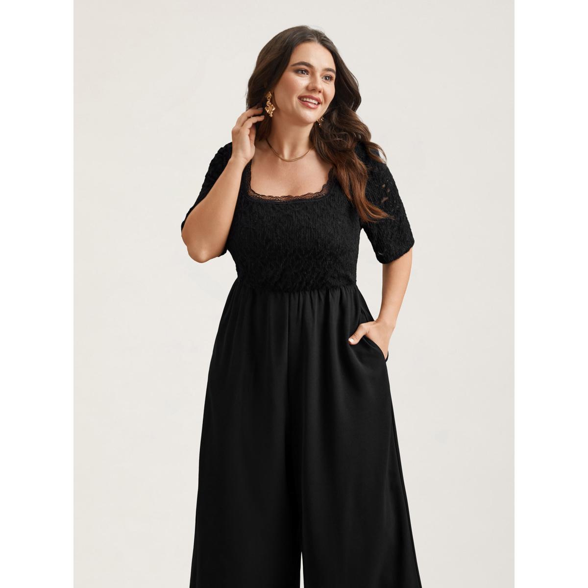Plus Size Black Textured Lace Spliced Square Neck Jumpsuit Women Elegant Short sleeve Square Neck Everyday-Elegant Loose Jumpsuits BloomChic 12/L Product Image