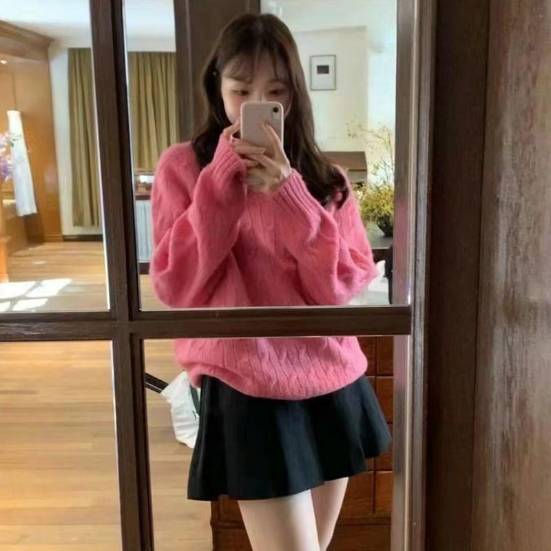Crewneck Cable Knit Plain Sweater Product Image