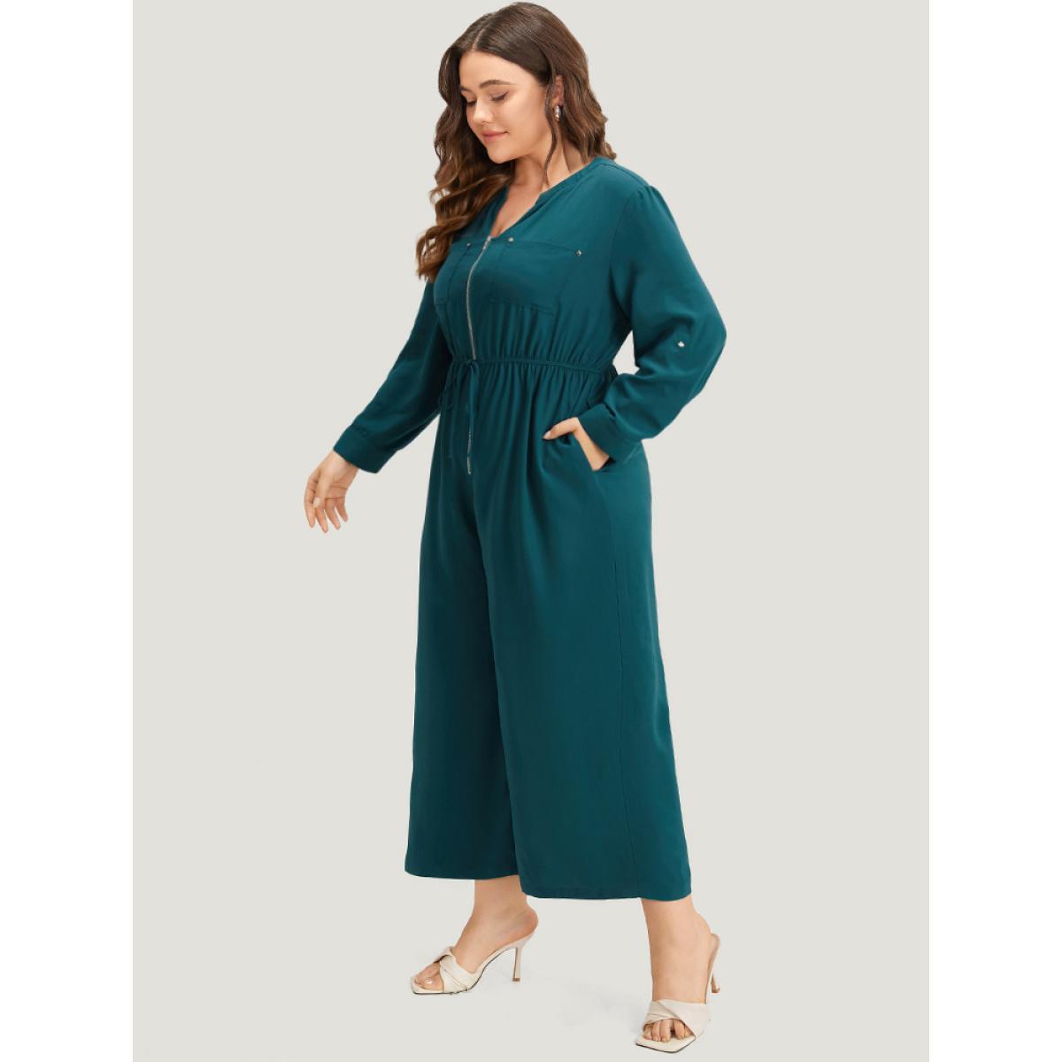 Plus Size Aegean Notched Zipper Gathered Drawstring Jumpsuit Women Office Long Sleeve Notched collar Work Loose Jumpsuits BloomChic 12/L Product Image
