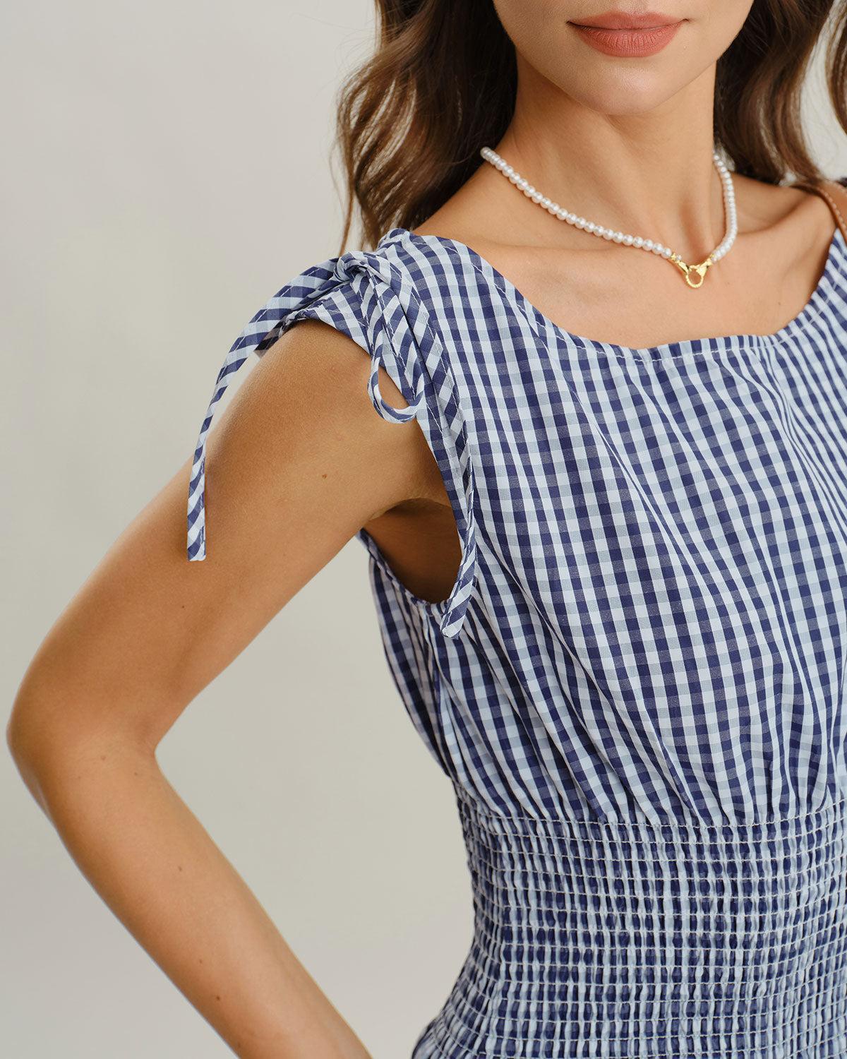 Blue Plaid Boat Neck Shirred Midi Dress Product Image