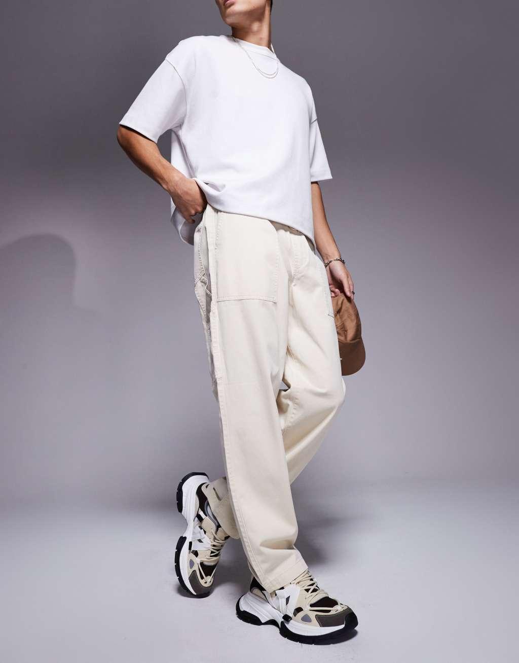 ASOS DESIGN pull on pants with carpenter detailing in beige Product Image