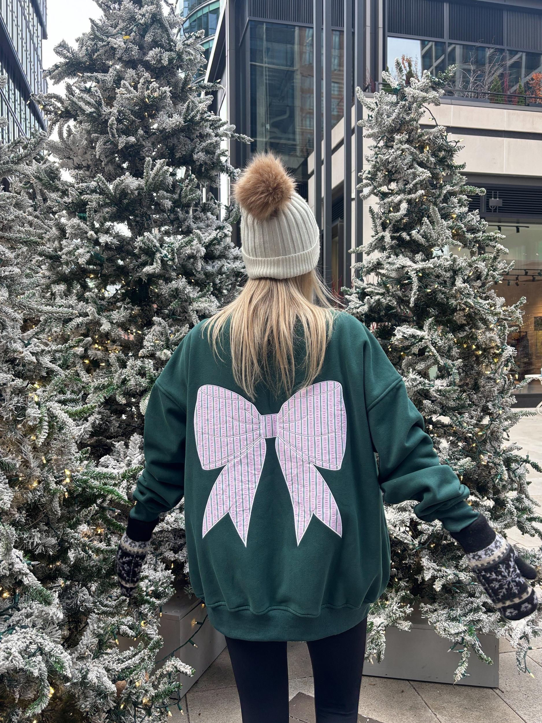 Winter Green Stripe Bow Embroider Sweatshirt Product Image