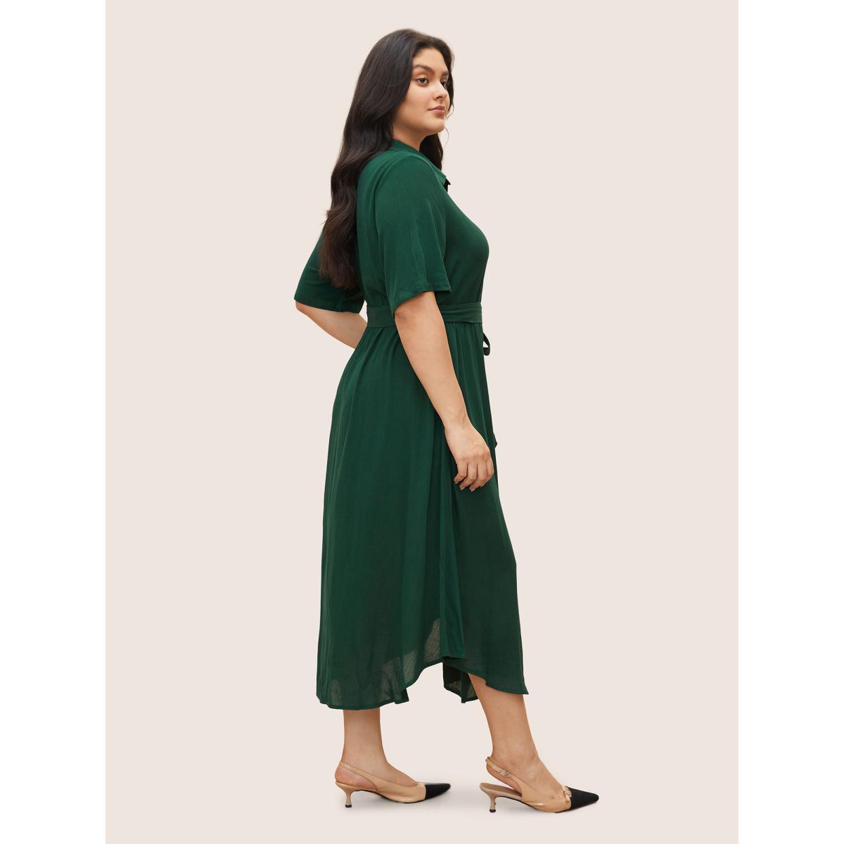 Belted Shirt Collar Button Plus Size Shirtdress Women Workleisure Plain Sleeve Short Sleeve Shirt Collar Pocket Workwear Long Dress BloomChic Product Image