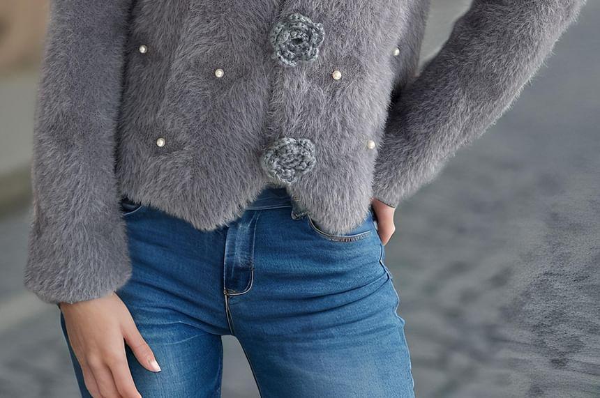 Flower Detail Faux Pearl Cardigan Product Image
