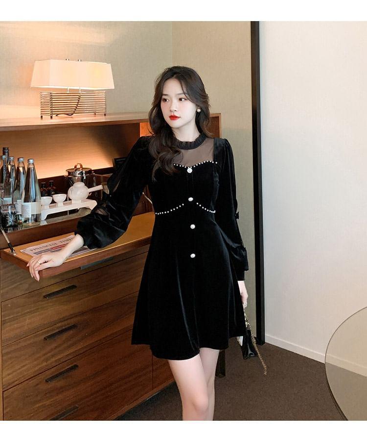 Long-Sleeve Beaded Velvet Mini A-Line Dress Product Image