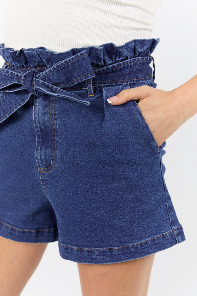 What's New Dark Wash Paperbag Waist Belted Denim Shorts FINAL SALE Product Image