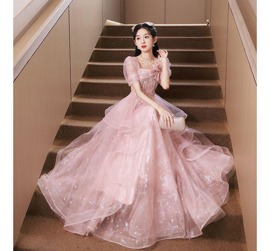 Short-Sleeve Square Neck Mesh A-Line Evening Gown Product Image