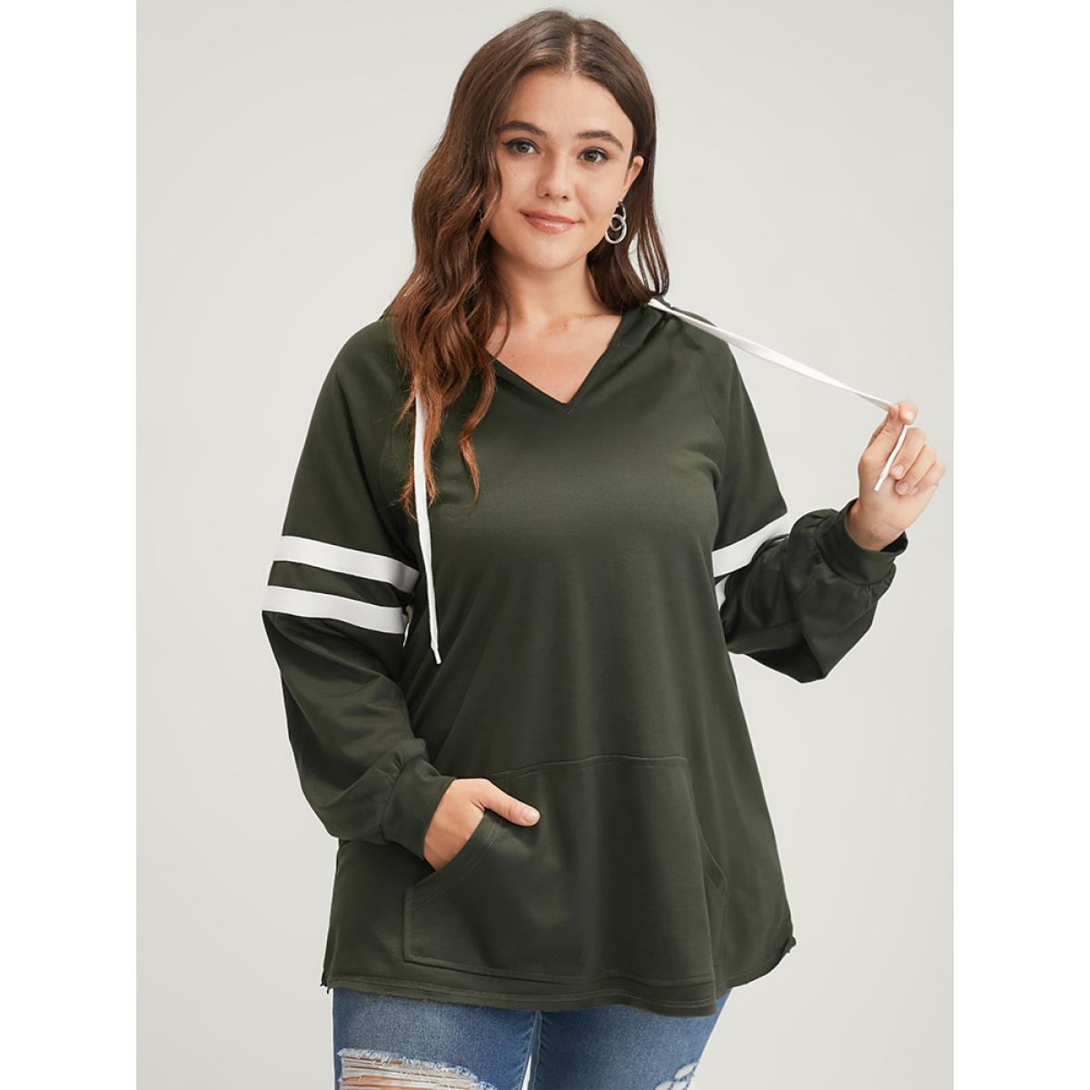 Plus Size Solid Contrast Pocket Drawstring Hooded Sweatshirt Women ArmyGreen Casual Contrast Hooded Dailywear Sweatshirts BloomChic 10/M Product Image
