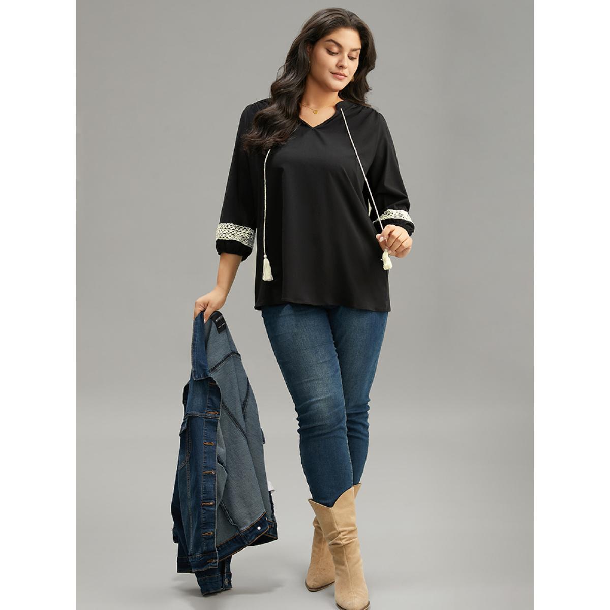 Plus Size Black Patchwork Tassel Trim Knot Lantern Sleeve Blouse Women Vacation Long Sleeve V-neck Dailywear Blouses BloomChic 26/4X Product Image