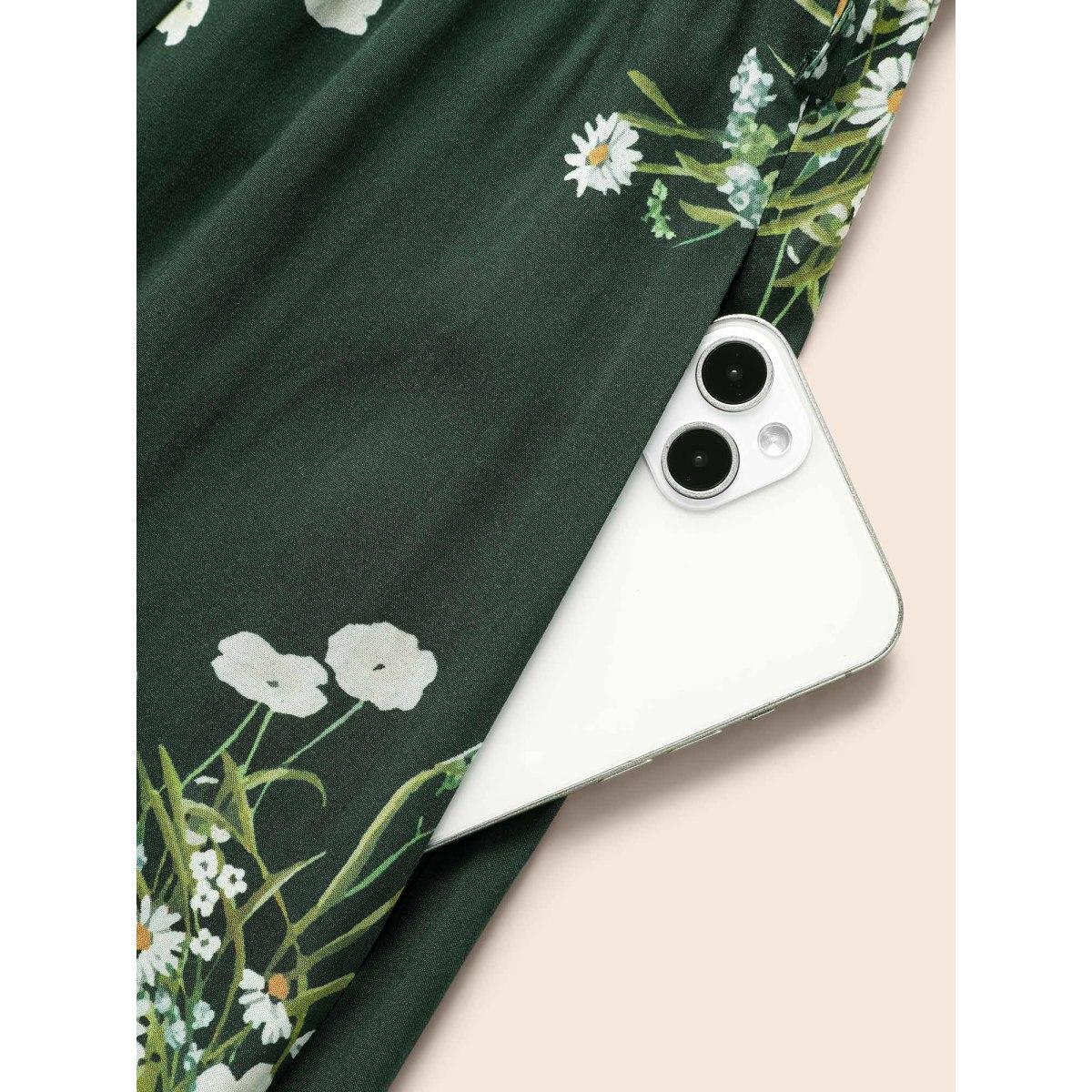 Plus Size Floral Overlap Collar Split Hem Dress Emerald Women Elegant Belted Overlap Collar Half Sleeve Curvy BloomChic 26/4X Product Image