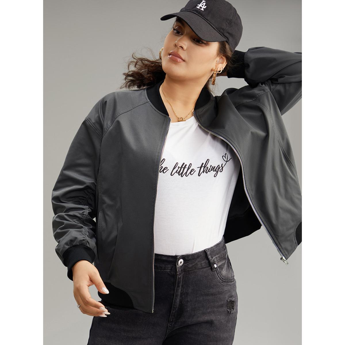 Plus Size Plain Pocket Patchwork Zipper Bomber Jacket Women DimGray Elastic cuffs Pocket Everyday Jackets BloomChic 14-16/1X Product Image