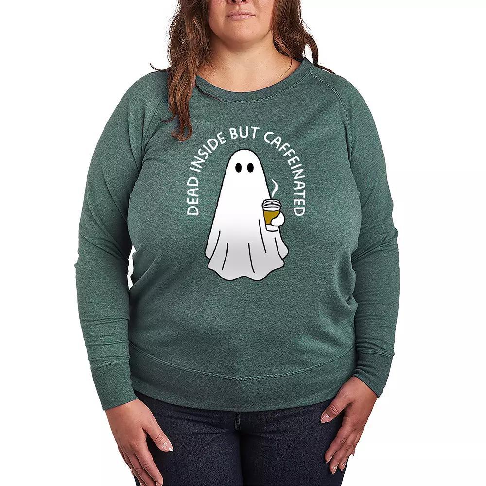 Plus Size Dead Inside Caffeinated Ghost French Terry Long Sleeve Tee, Womens Grey Dark Red Product Image