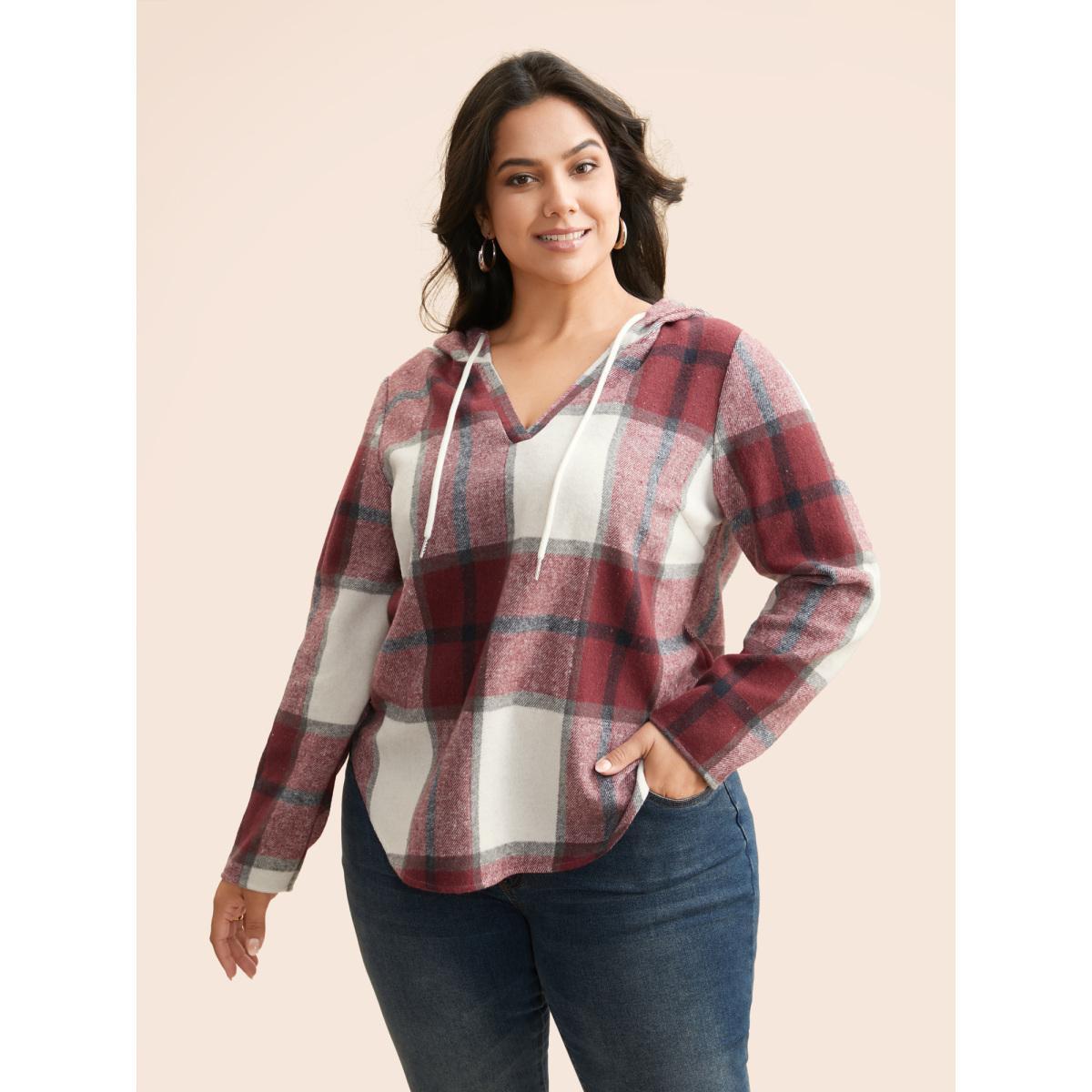 Plus Size Brushed Fabric Plaid Hooded Sweatshirt Women Burgundy Casual Drawstring Hooded Everyday Sweatshirts BloomChic 12/L Product Image