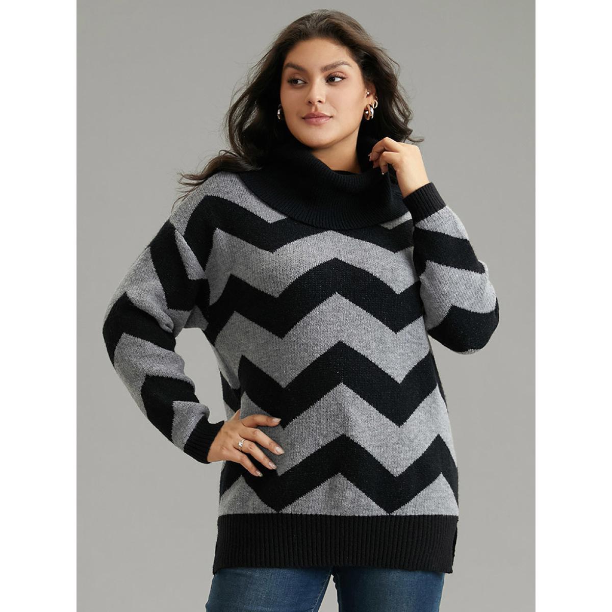 Plus Size Geo Striped Turtle Neck Drop Shoulder Pullover Black Women Casual Loose Long Sleeve Turtleneck Dailywear Pullovers BloomChic 22-24/3X Product Image