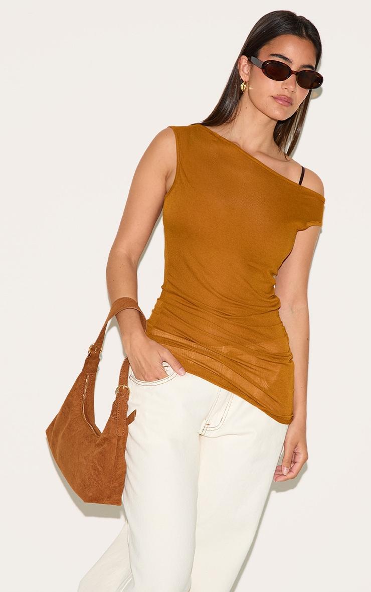  Tan Sheer Soft Touch Cowl Neck Long Vest Top Product Image