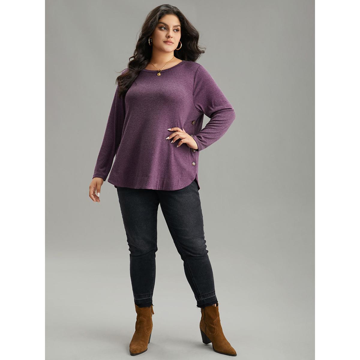 Plus Size Plain Button Detail Curved Hem T-shirt Purple Women Casual Plain Plain Round Neck Dailywear T-shirts BloomChic 30/6X Product Image