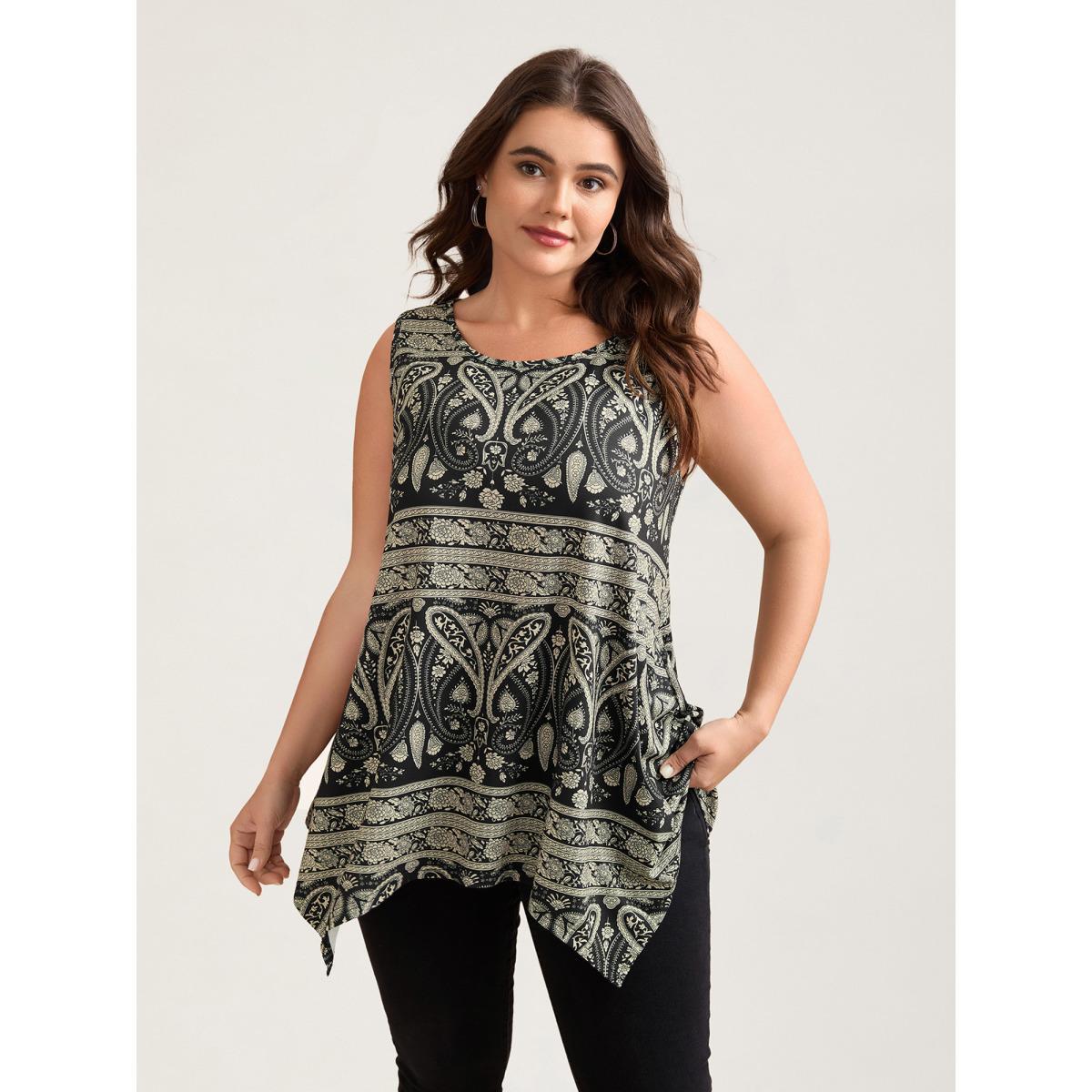 Plus Size Boho Print Flared Tank Top Women Black Casual Asymmetrical Round Neck Everyday Tank Tops Camis BloomChic 26/4X Product Image