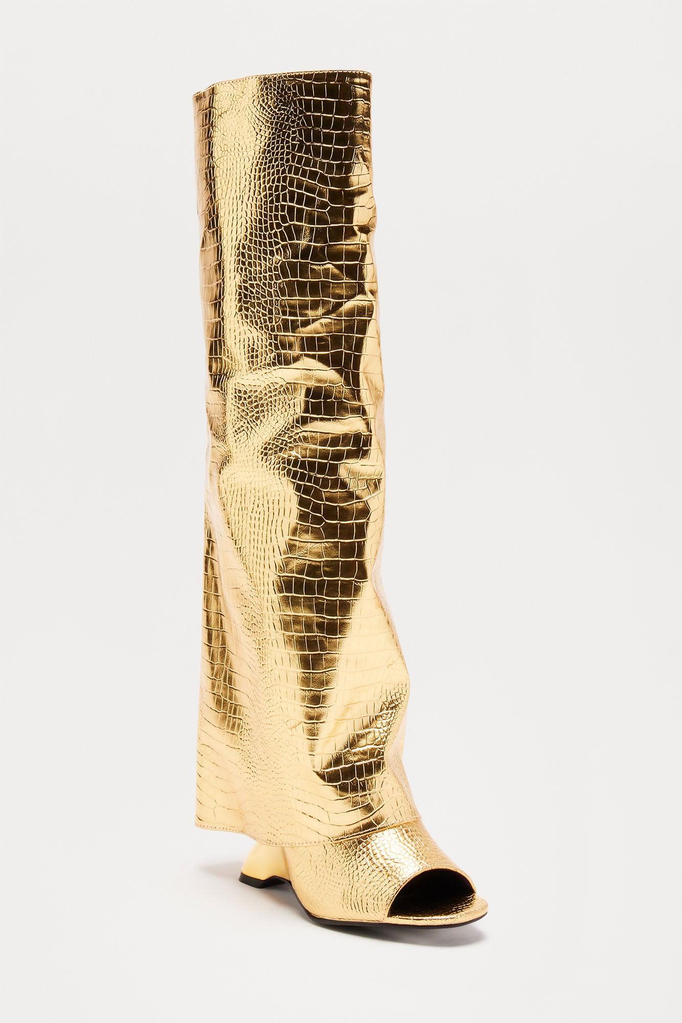 Theo Croc Knee High Boots - Gold Product Image