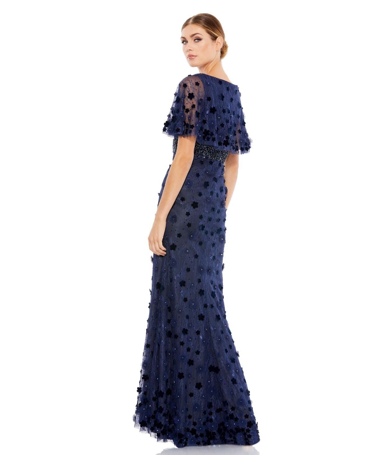 Mac Duggal V-Neck Short Flutter Sleeve Floral Pleated Cape Back Sheath Gown Product Image