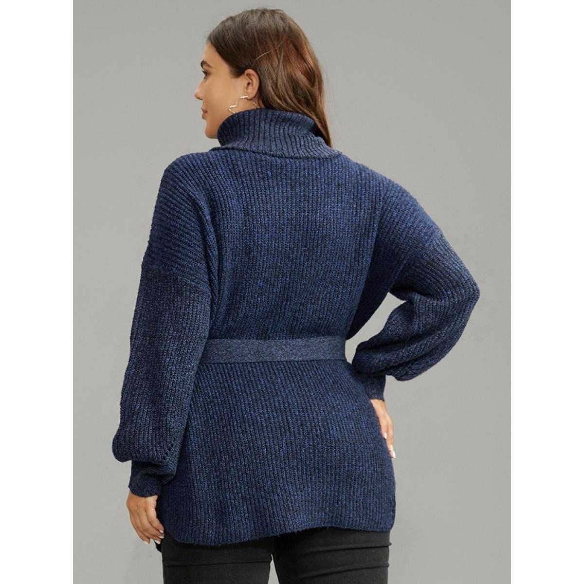 Plus Size Turtle Neck Belted Drop Shoulder Pullover Navy Women Casual Loose Long Sleeve Lapel Collar Dailywear Pullovers BloomChic 12/L Product Image