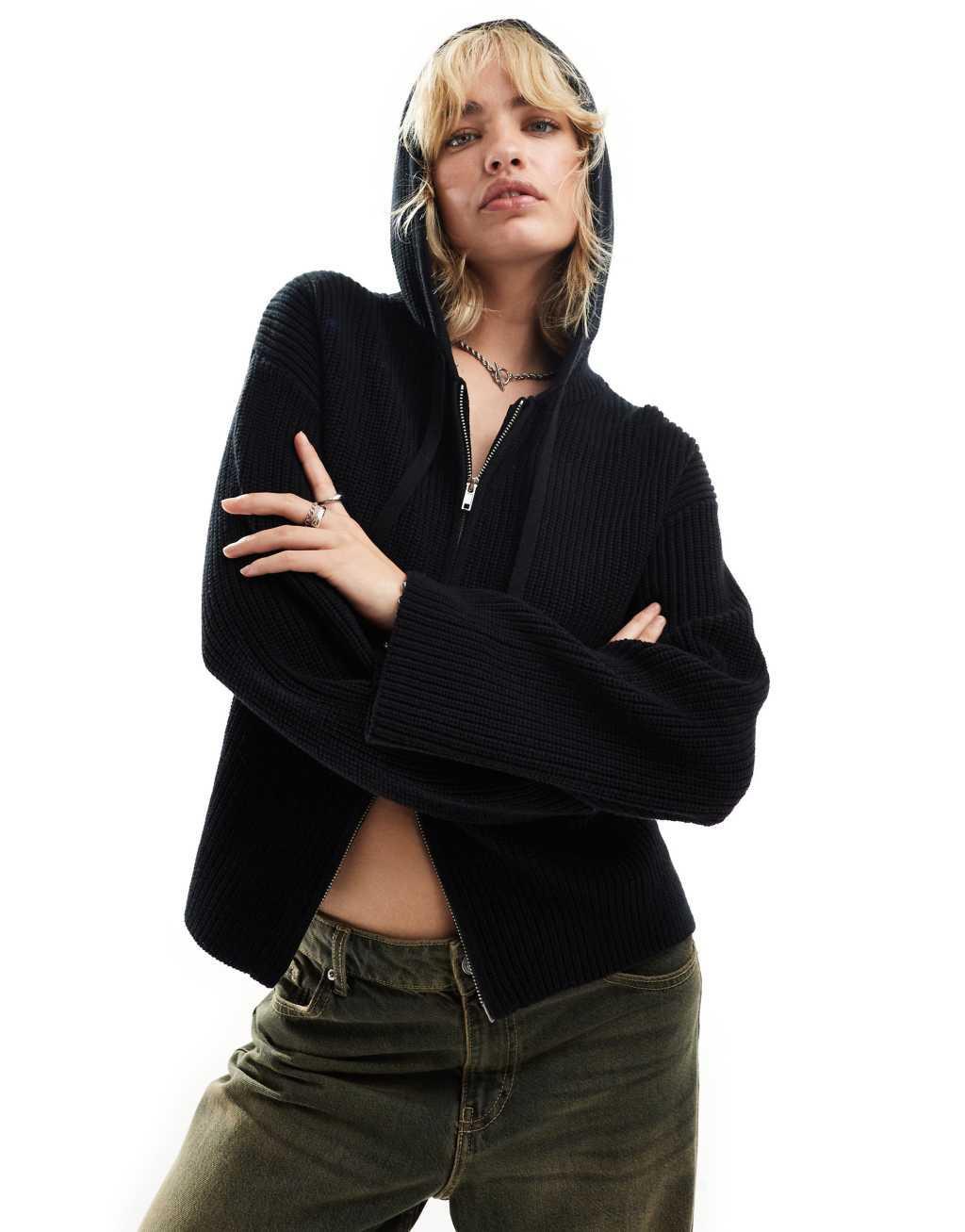 Monki rib knit hoodie zip-up cardigan in black Product Image