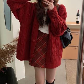 V-Neck Cable Knit Oversized Cardigan Product Image