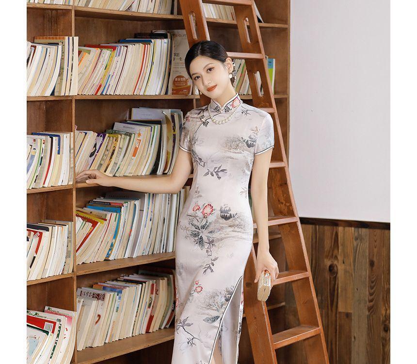 Short-Sleeve Floral Print  Midi Sheath Qipao Product Image