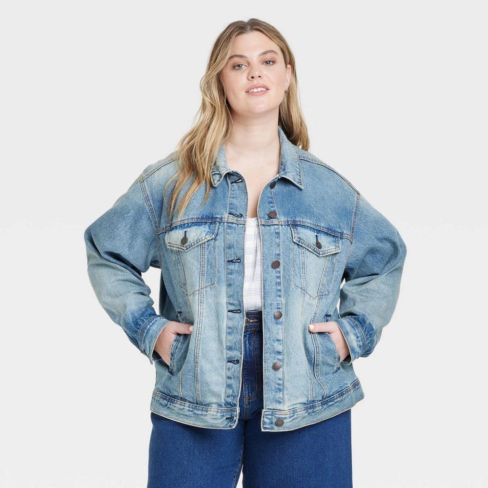 Women's Jean Jacket - Universal Thread™ Medium Wash 2X: Relaxed Fit, Button Down, 4 Pockets, Midweight Product Image