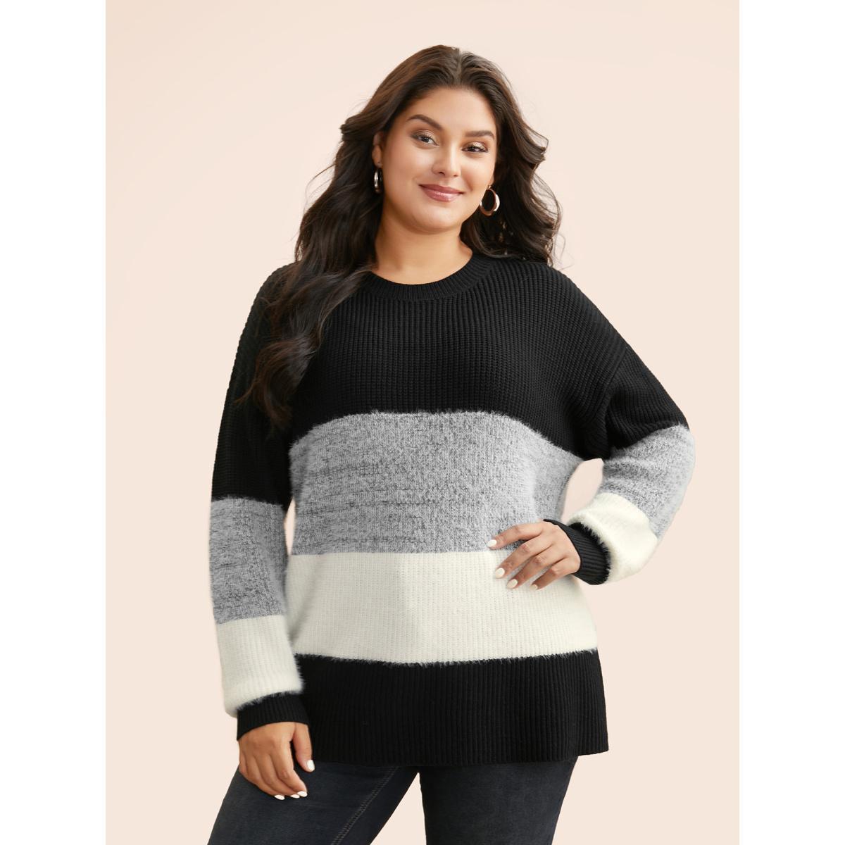 Plus Size Round Neck Colorblock Contrast Pullover Black Women Casual Loose Long Sleeve Round Neck Everyday Pullovers BloomChic 14-16/1X Product Image