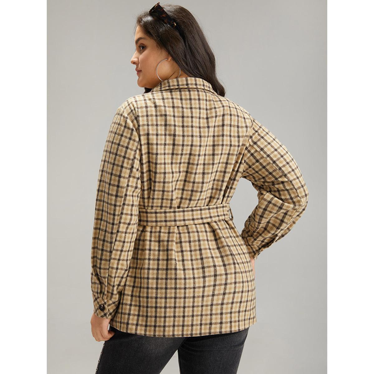 Plus Size Gingham Pocket Button Through Belted Coat Women Tan Casual Belted Ladies Dailywear Winter Coats BloomChic 28/5X Product Image
