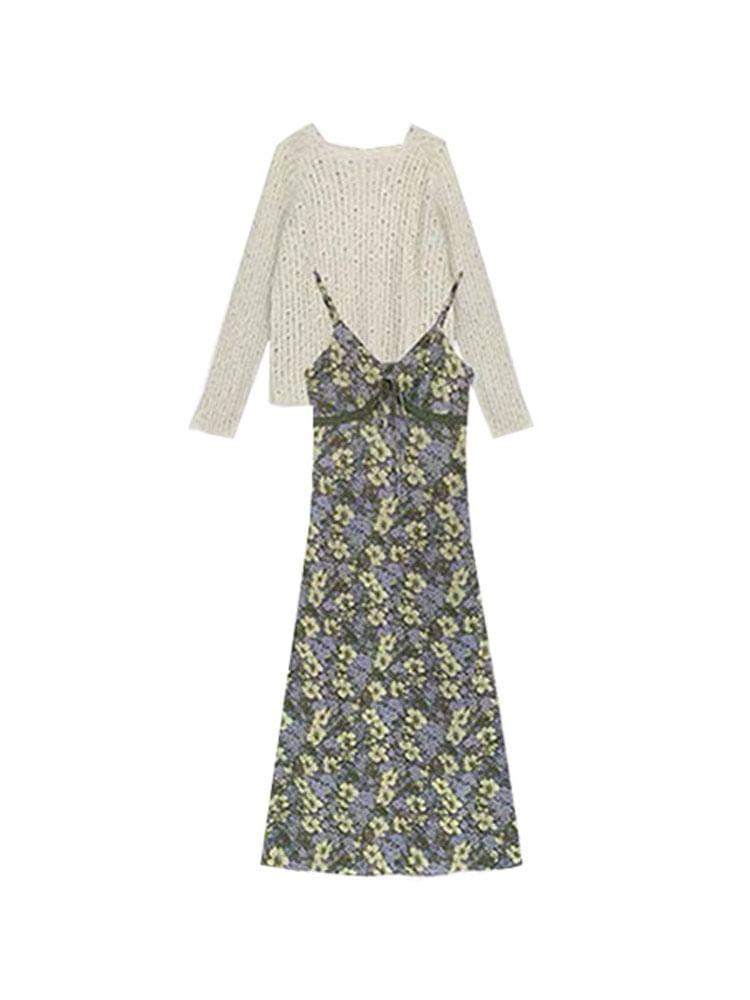 Long-Sleeve Crew Neck Distressed Blouse / Spaghetti Strap Floral Print Midi A-Line Dress Product Image