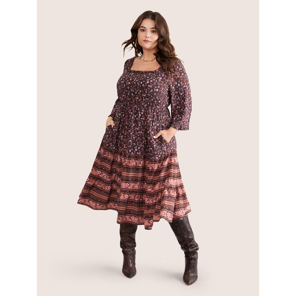 Plus Size Ditsy Floral Patchwork Square Neck Frill Trim Dress Russet Women Vacation Elastic cuffs Square Neck Elbow-length sleeve Curvy Midi Dress BloomChic 12/L Product Image
