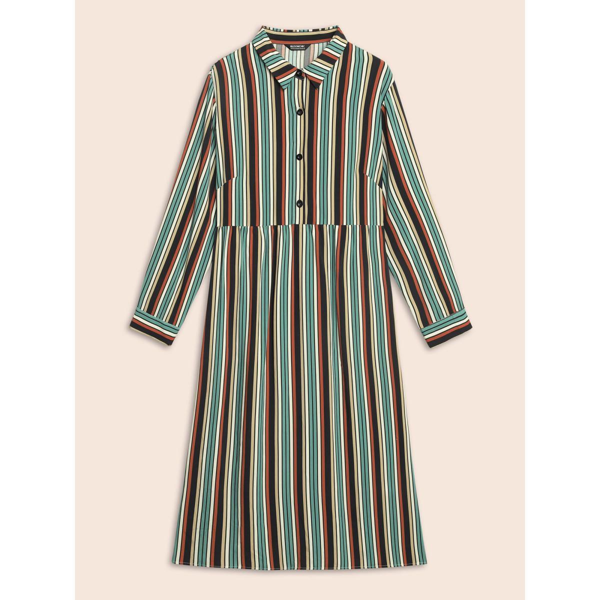 Plus Size Shirt Collar Contrast Striped Midi Dress Multicolor Women Casual Button Shirt collar Long Sleeve Curvy BloomChic 10/M Product Image