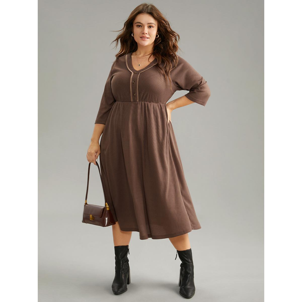 Plus Size Waffle Knit Contrast V Neck Button Detail Dress DarkBrown Women Work From Home Plain V-neck Elbow-length sleeve Curvy Midi Dress BloomChic 14-16/1X Product Image