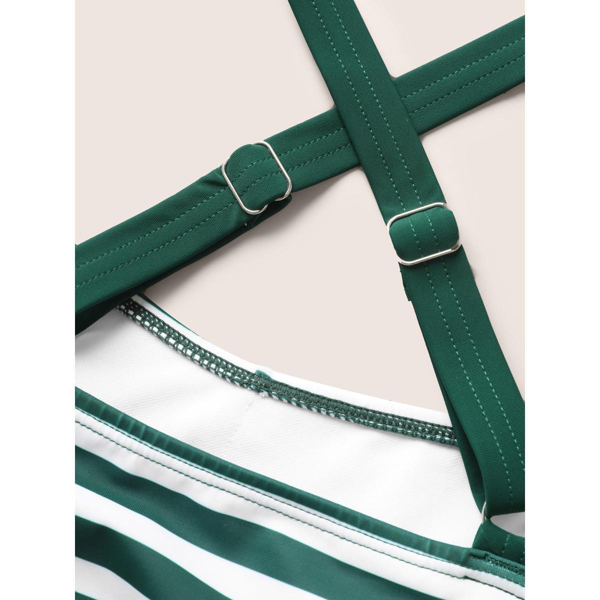 Plus Size Striped Twist Front Patchwork Gathered Swim Top Women's Swimwear DarkGreen Beach Twist High stretch Bodycon Heart neckline Curve Swim Tops BloomChic 12/L Product Image