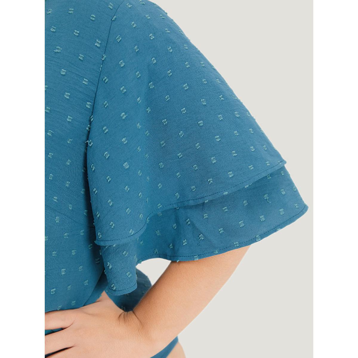 Plus Size Polka Dot V Neck Ruffle Layered Sleeve Bodysuit Women Cerulean Plain Elastic Waist Bodysuits BloomChic 14-16/1X Product Image
